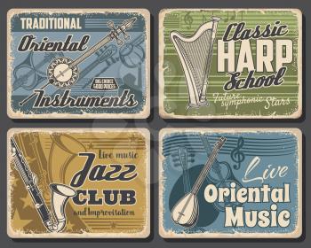 Music instruments retro posters, jazz festival and saxophone band live concert, vector. Orchestra and symphonic harp musical school, Asian and Oriental traditional folk music instruments store
