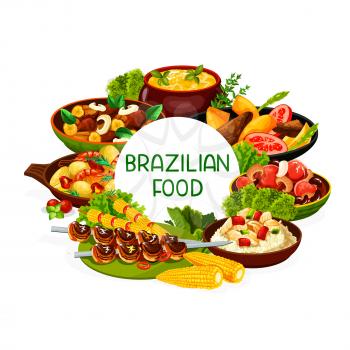 Brazilian food cuisine, Brazil meat and fish dishes vector menu. Brazilian cuisine food meals churrasco meat skewers, fish bacalhau, bean feijoada, liver with bananas and mango fried beef salad