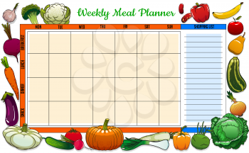 Weekly meal planner vector food week plan with sketch vegetables and fruits. Calendar menu breakfast, lunch, dinner and snack with shopping list. Dieting diary timetable template with engraved veggies