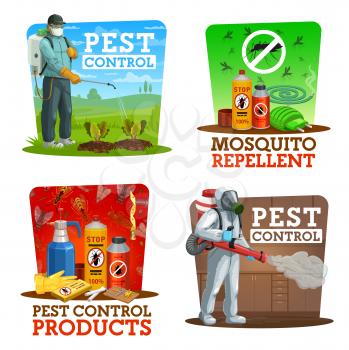 Pest control vector icons, disinsection, insects extermination service at home and gardens. Agricultural pest control with cold fogger and press sprayer against field rodents, mosquito repellents