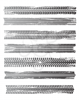 Tire prints, black car tyres track, isolated grunge vector marks. Bike race, vehicle, transportation dirty wheels trace. Rubber tires prints, automobile or bicycle drag. Monochrome graphic pattern set