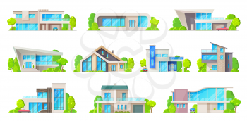 Houses, villas, bungalow apartments, real estate buildings vector icons. Cartoon residential homes, cottages exterior facades, family houses architecture, modern mansion urban property set