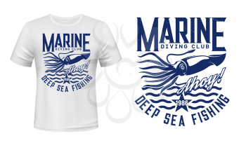 T-shirt print with squid, vector calamary on blue waves, mascot for diving club, sea adventure scuba dive nautic marine mollusc t-shirt emblem. Ocean sport team apparel template design with squid