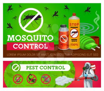 Pest control, mosquito disinsection vector banners with repellents and exterminator with cold fogger. Home insects disinsection. Mosquito fumigation tools electric repellent, coil spiral and aerosol
