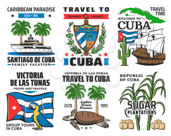 Cuba tourist travel, caribbean paradise family vacation icons. Yacht and royal palm, cuban coat of arms and national flag, macaw parrot, sea turtle, sugarcane and Christopher Columbus ship vector