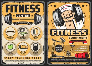 Fitness center, gym retro posters. Barbell, dumbbell and treadmill, exercise bike, fitness mat and tracker grunge vector. Athletics and gymnastics training classes, sport equipment shop vintage banner