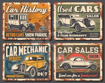 Rare vintage cars and retro vehicles rusty metal plates. Antique automobile, classic convertible sedan and coupe. Cars history museum parade, used vehicles salon and repair service mechanic banners