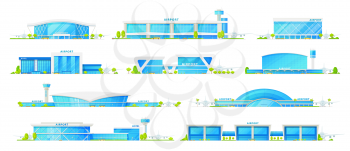 Airport terminal buildings, vector icons. International airport and hotel, terminals with air traffic control tower, airplane and passenger gates, modern architecture with glass facades
