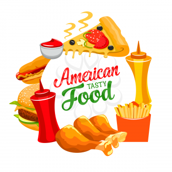 American fastfood takeaway and delivery cheeseburger and hamburger, chicken legs with ketchup and mustard. Fast food pizza, burgers, potato fires and chicken grill, vector restaurant or bistro menu