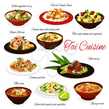 Thai cuisine meals, traditional Thailand chicken soup with coconut milk, meat with vegetables, ginger shrimps in red curry, miso soup and white eggplant curry. Vector restaurant menu dishes