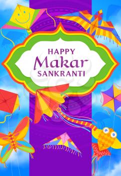 Makar Sankranti kites, Indian holiday vector poster. Butterfly, fish and bird shaped festive kites of Hindu religion festival, colorful paper toys with threads and ribbons flying in blue sky