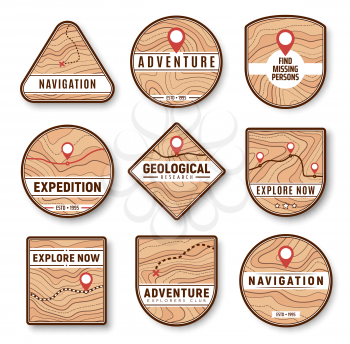 Topographic, navigation and expedition icons. New area, remote location exploring, travel adventure and geological research vector badge, icon with topographic map lines, navigation and route marks