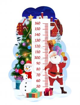 Kids height chart with Christmas Santa in winter town, vector growth meter. Kids height measure chart or baby tall scale, cartoon Xmas tree with holiday decoration and snowman with Christmas gifts