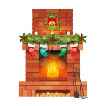 Brick Christmas fireplace with holly leaf bells and Christmas stockings, candles, wreath. House classic fireplace with burning wooden chunks flames and winter holidays traditional decorations