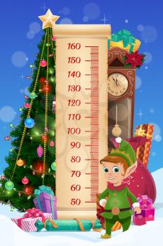 Kids height chart. Christmas tree and funny elf, growth meter. Vector wall sticker for children height measurement with cartoon cute Santa Claus helper, clock, gifts near scale and xmas decor