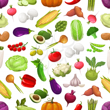 Farm vegetables and greenery seamless pattern. Vector avocado, asparagus, chili and bell pepper, eggplant, cucumber, onion, garlic and cabbage, radish. Fresh ripe veggies harvest on white background