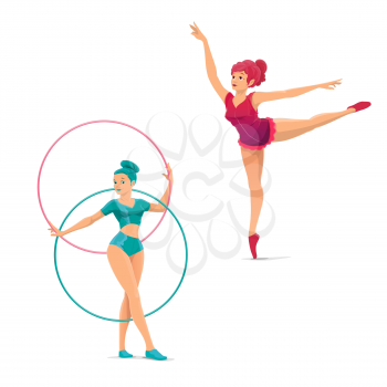 Big top circus gymnasts and balancers vector characters. Cartoon woman acrobats showing a performance. Girls acrobats in costumes performing a stunt, dancing on circus stage with hoops