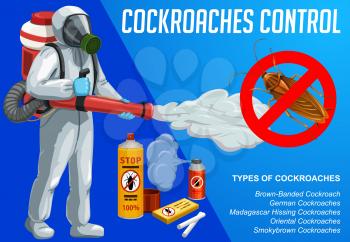 Cockroach insect control with cold fogging method. Pest control vector worker spraying insecticide with fogger. Exterminator wear chemical protective suit and mask, cockroach prohibition sign, poster