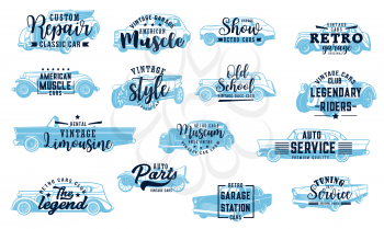 Retro car icon set with lettering. Vintage automobiles repair and tuning service, restoration club sign, antique american vehicles collector garage vector emblem with coupe, limousine, sedan and truck