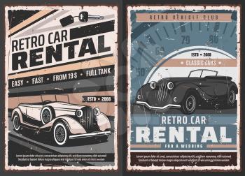 Retro cars rental service vector posters. Vintage convertible limousine, classic coupe and luxury, old roadster cabriolet. Retro vehicles owners or collectors club, luxury car rent for wedding banner