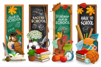 Education blackboard with back to school lettering vector cartoon banners set. Green and black chalkboards with learning stationery. Books, feather pen, teacher owl in graduation cap, maple leaves