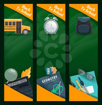 Back to school blackboard banners with vector school supplies, bus and student bag. Book, notebook, pencil and scissors, calculator, sharpener and alarm clock, pupil stationery on green chalkboard