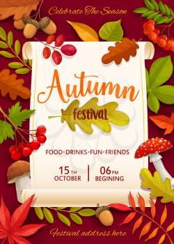 Autumn festival vector flyer with colorful tree leaves and mushrooms. Invitation template for fall season celebration party with food and drinks. Cartoon design with fly agaric, cep, rowan, oak, acorn