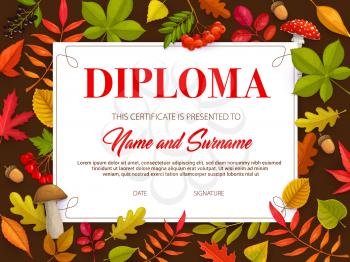 Kids certificate with autumn leaves and mushrooms vector template. Educational diploma for school or kindergarten, child award border of fall foliage design for participation, achievement, graduation