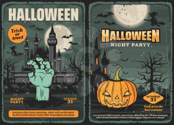 Haunted house with Halloween pumpkin, zombie hand, witch and bat, trick or treat night party vector invitations. Horror graveyard with moon, trees and gravestones, old castles and cemetery monsters
