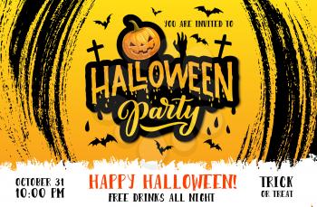 Halloween pumpkin vector poster of horror night party invitation. Scary bats, hand of zombie monster and spooky lantern with cemetery crosses on orange background with black brush strokes frame