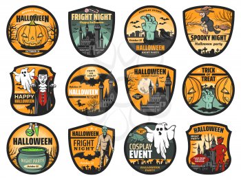 Halloween pumpkin, ghost and zombie vector badges. Horror night haunted houses with bats, moon and witch, Dracula vampire and trick or treat candies, devil demon and potion cauldron, Halloween themes
