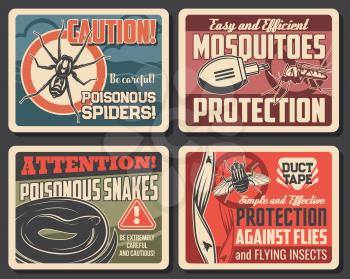 Mosquito and flies protection, snakes and spider danger vector signs. Disinsection repellents for insects and poisonous serpents. Fumigation tool electric repellent and duct tape retro posters set
