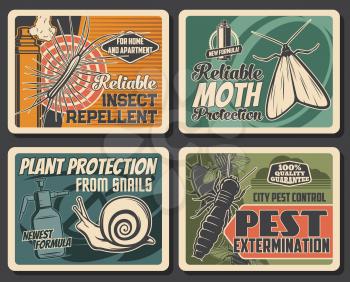 Insects extermination, pest control service, repellents and house disinsection. Vector centipede, silverfish, snail and moth fumigation. Domestic disinfestation and pest control vintage retro posters