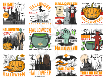 Halloween horror night pumpkin, ghost and zombie vector icons. Spooky witches, vampire and bats, moon, spider nets and owl, haunted house, black cats and devil demon, potion cauldron and graveyard