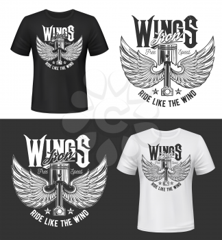 Tshirt print with winged car engine valve vector mockup. Retro automobile part with bird or angel wings and typography ride like the wind. Racing club clothing mock up, vintage t shirt print template