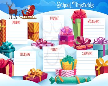 Kids school lessons timetable with Christmas gifts and Santa in sledge. Children week planner, winter holiday celebration schedule with reindeer pulling sledge with Santa, wrapped gifts cartoon vector
