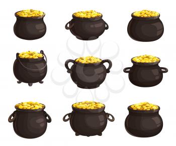 Pot of golden coins isolated vector icons of St. Patricks Day. Cartoon different cauldrons full of golden coins. Leprechaun treasury, Patricks Day holiday symbols. Iron pots with handles