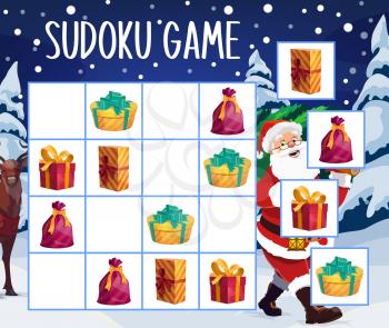 Christmas gifts sudoku game or puzzle vector template. Children education mind game or logic riddle with Santa Claus cartoon character, Xmas tree and present boxes with ribbons, educational activity