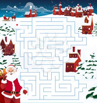 Child Christmas maze, labyrinth game template with Santa, reindeer and town. Santa Claus with sack full of gifts, deer and sleigh, houses decorated garlands and spruces covered snow cartoon vector
