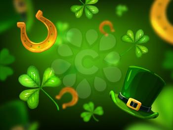 St Patricks Day vector background of Irish holiday green clover or shamrock leaves, luck golden horseshoes and celtic leprechaun hat. Spring festival or Ireland saint feast celebration backdrop design