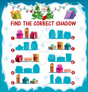 Kids Christmas riddle, find correct shadow game with Christmas gifts silhouettes. Children matching game, maze with wrapped presents, giftboxes decorated ribbon bow and Santa character cartoon vector