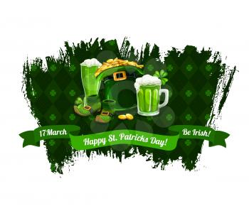 St. Patrick Day cartoon vector poster with shamrocks, gold coins in top hat, pint of Ireland beer or ale. Leprechaun shoes, green ribbon on tartan grunge background Happy Saint Patricks Day typography