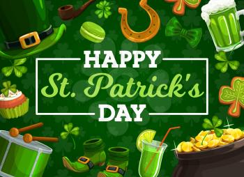 St Patricks Day Irish holiday vector clovers, leprechaun gold pot and hat, shamrock leaves, lucky horseshoe, green beer and golden coins, treasure cauldron, smoking pipe, shoes. Greeting card design