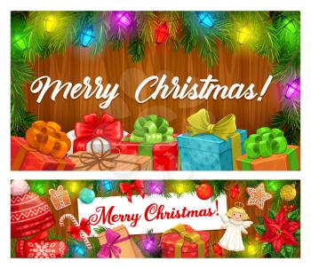 Merry Christmas vector banners of Xmas garlands and winter holiday gifts. Present boxes with ribbons and bows, candy canes, gingerbread and balls, pine tree, lights and red hat on wooden background