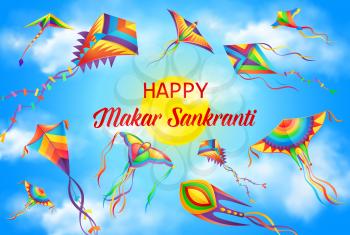 Makar Sankranti festival, winter solstice Hindu calendar holiday poster. Harvest festival celebration background, India and Nepal hinduism religion holiday banner with flying in sky kites vector