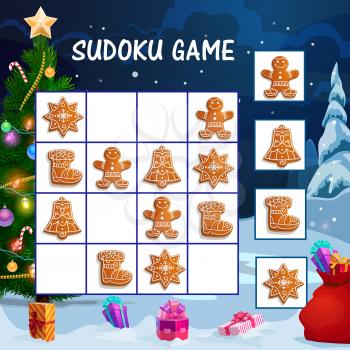 Kids sudoku game with Christmas gingerbread cookies. Children educational activity worksheet, logical maze or game with winter holidays sweets, decorated Christmas tree and gifts cartoon vector