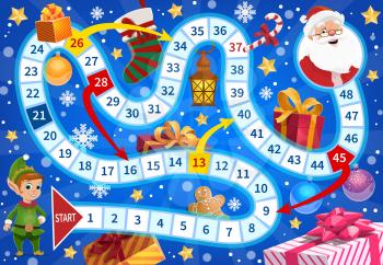 Kids roll and move boardgame with Christmas elf, Santa and gifts. Christmas stocking, wrapped presents and gingerbread man, candy cane, ornaments cartoon vector. Child board game with twisted path