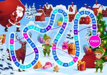 Christmas board game for kids with Santa, reindeer and elf characters. Santa Claus carrying huge sack with gifts, cute elfs and deer, presents, Christmas tree cartoon vector. Child roll and move game