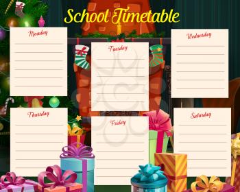 Christmas holidays school timetable with gifts and stocking on fireplace. Study program, celebration planner weekly schedule template with decorated Christmas tree, wrapped gifts cartoon vector