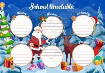 Christmas school timetable with Santa, reindeer and gifts. Children week planner or calendar, holiday celebration chart with decorated Christmas tree, Santa Claus and gifts scattered in forest vector